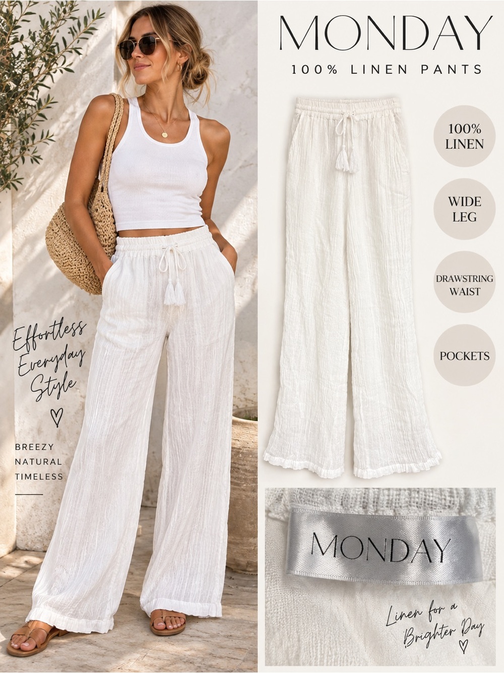 Monday White 100% Linen Gauze Wide Leg Drawstring Pants Size P